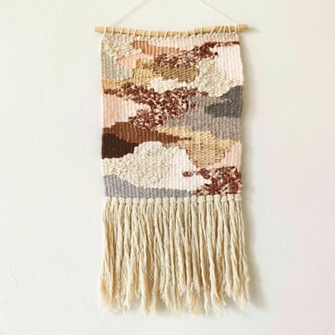 Wall Weaving / Hanging - Woven Tapestry - Natural Raffia - Peach, Rust, Brown, Grey - Boho Fiber Art - Handwoven Weave -Nursery Art (B) 
