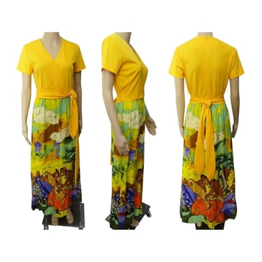 1970s Tori Richard yellow Figural People Print Dress Tropical Hawaiian AS IS 