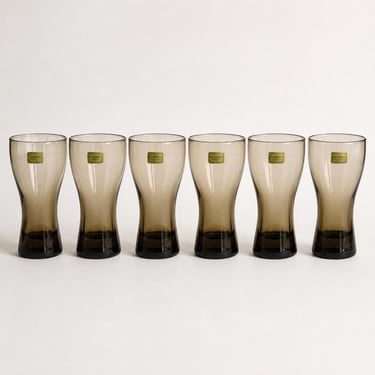 Set of 6 Luminarc Smoke Glasses France 1970s Smoky Brown Ombre Glassware MCM Barware Original Labels 