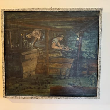 Unusual Original French France Signed 1928 Industrial Mining Oil on Canvas Large Painting 