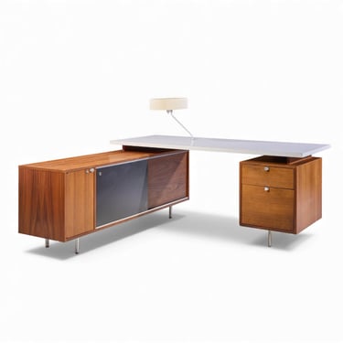 George Nelson for Herman Miller 9000 Series Walnut, Formica Desk w/Return, Lamp - mcm 