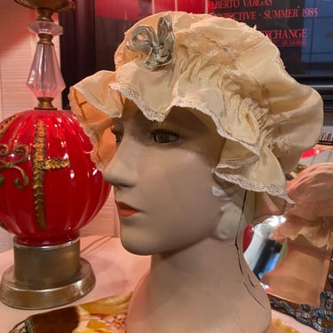 antique cream silk boudoir cap 1920s bed hat victorian bonnet edwardian 