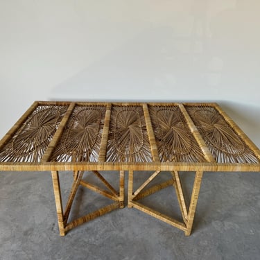Vintage Coastal Sunburst Woven Rattan Dining Table with Glass Top 