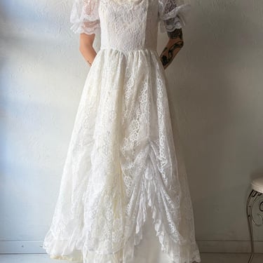 80s 'Gunne Sax' White Lace Romantic Wedding Dress / Vintage 1980s Puff Sleeve Bridal Gown / Medium 