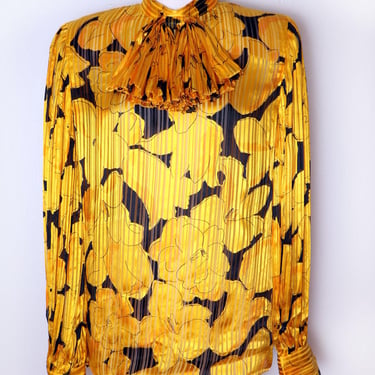 80's Silk Bright Yellow Blouse Pussycat Bow Dress shirt Vintage 1980's Top 