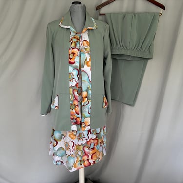Four piece 1980s matching jacket, shell, shirt and pants, womens 1980s business outfit, green floral skirt suit green floral pant suit small 