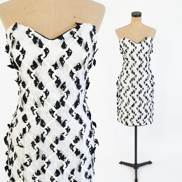 1980s White Black Strapless Party Dress | Soutache Lace Sweetheart Mini Dress, Medium 