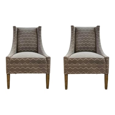 Vanguard Modern Gray and White Chevron Velvet Bellas Side Chairs Pair
