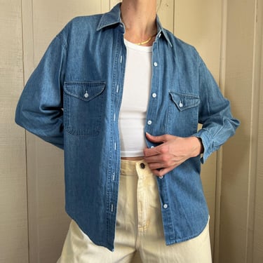 Vintage Denim Cotton Long Sleeve Button Up, Blue Denim Top, 80s Button Down Femme Work Shirt, Cotton Oxford Blouse, Cottage Core Shirt 