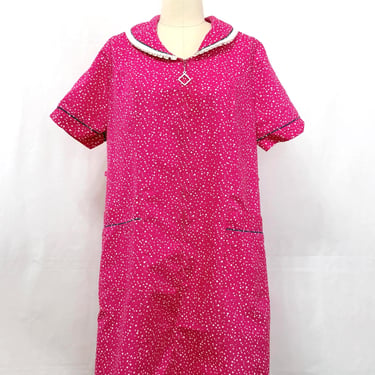 Vintage 70s Housecoat | Polka Dot Zip Up Duster with Pockets | Size Medium 