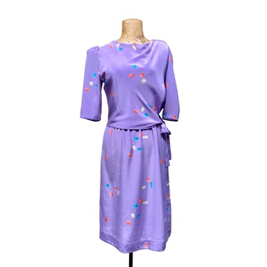 Vintage 1980s Lilac Puff Sleeve Dress, 80s Asymmetrical Layered New Wave Fashion, Small, VFG 