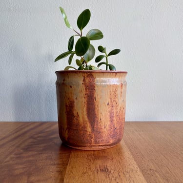 Vintage ceramic planter with flame glaze / 1970s earthy boho handmade pottery cache pot 