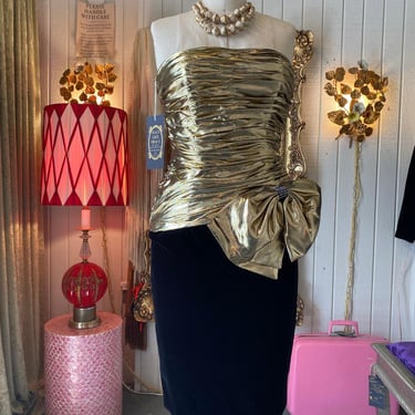 vintage 1980s strapless cocktail dress gold lame' black velvet aj bari bow s 27 