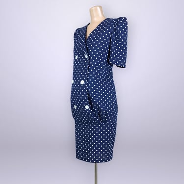 VINTAGE 80s Nautical Polka-dot Maternity Dress by Zoomers | 1980s Button Front Midi Dress | Nursing Breastfeeding Clothing | VFG 