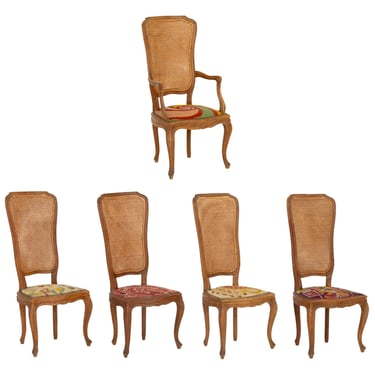 Set of Five Italian Provincial Style Cane-Paneled Walnut Dining Chairs