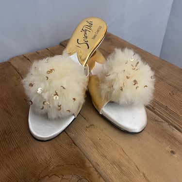 1950s Pinup Slippers Ivory White Pom Pom Kitten Mules Sequins Sorority Debs 6.5 