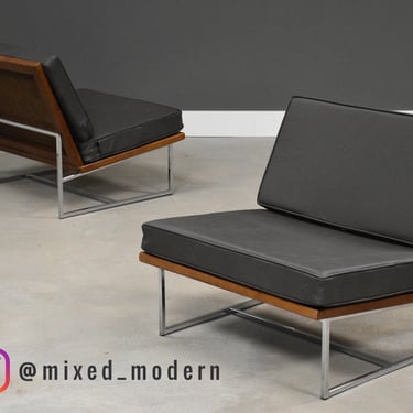 Grey Beige Leather Lounge Chairs - A Pair 