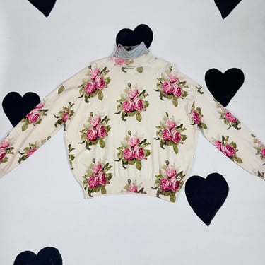 PACO RABANNE rose print cream wool turtleneck sweater designer wool knit allover cabbage roses metallic silver lurex loose oversize Intermix 