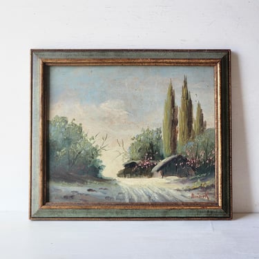 Original landscape oil painting cypress trees river signed vintage Impressionist style 