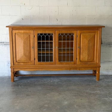 Henning Kjærnulf Oak Sideboard Credenza with Carved and Leaded Glass Doors Danish Mid-Century Modern 1970s 