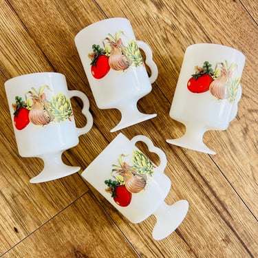 Vintage Pyrex Milk Glass Mug set of 4s, matches Spice o' Life / Primavera / JAJ Tuscany, pedestal base, tomato onion avocado, 1960s decor 