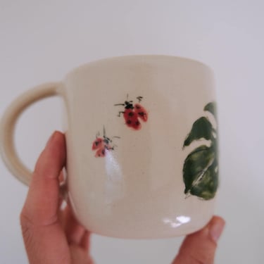 Bamboo Brush Painted Ceramic Mug // Monstera with Ladybugs 