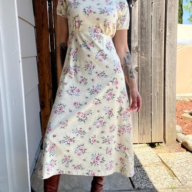 Vintage 1990s Erika Light Yellow Floral Maxi Dress, Size Sm/Med 