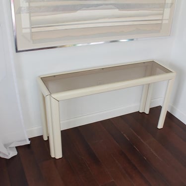 Vintage 80's Console Table, Smoke Glass Top Cream Off-White Enamel with Gold Details 