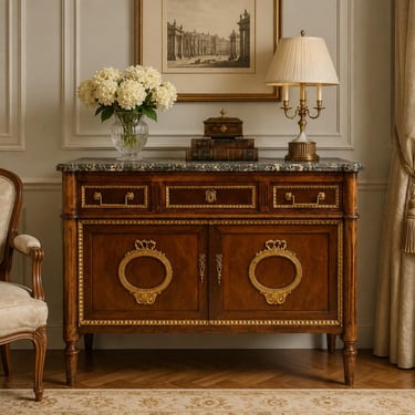 French Louis XVI Style Mahogany Gilt Bronze Marble Antique Buffet Cabinet Sideboard Server 