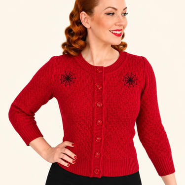 Red Spider Web Cardigan Sweater, Vintage Retro Halloween Cardigan, Gothic Pinup Knit Sweater, Rockabilly 3/4 Sleeve Cropped Cardigan 