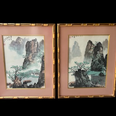Hand Painted Asian Paintings in Gold Faux Bamboo Frames - Signed 