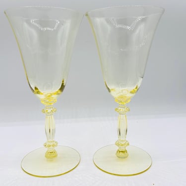 Cambridge Yellow Gold Krystol 3130 Water Goblets Pair | Glowy Uranium Glass Wine Glasses | Vintage Depression Glass by LeChalet