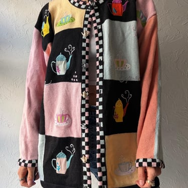 90s 'Story Board Knits' Teapot Cardigan Novelty Knit Sweater Cozy Grandma Cottagecore Retro Button Up / XXL 