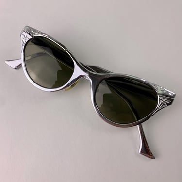 Vintage 1950'S Aluminum Cat Eye Sunglasses - Shinny Chrome Finish - Etched Details - New UV Glass Lenses 