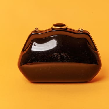 80s Black Patent Evening Gold Hardware Glossy Clutch Vintage 1980s Hard Case Formal Party Purse 