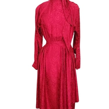 Vintage 1980s Emanuel Ungaro Dress Red Silk Paisley Print I Magnin Long Sleeve Scarf Sash Tie 