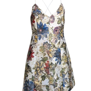 Alice & Olivia - Ivory, Blue, Red, & Gold Floral Jacquard Cross Back Dress Sz 8