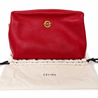 Vintage Celine Red Leather Vanity Cosmetic Case Clutch with Gold Hardware