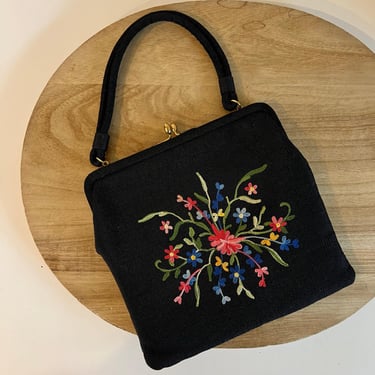 Vintage 50s Ingber Black Wool Floral Embroidered Top Handle Evening Clutch Bag 