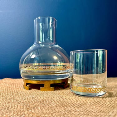 Vintage Bedside Water Carafe, Nightstand Decanter, Clear Glass and Gold-Gilt by The Bombay Company 
