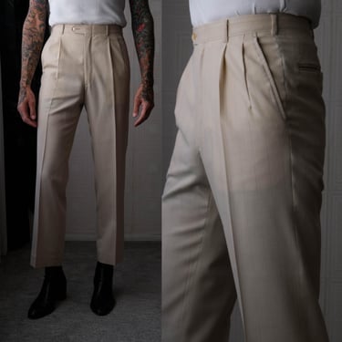 Vintage 80s PIERRE CARDIN Light Tan & Charcoal Pinstripe Double Pleated Wool Slacks | Size 31x32 | 1980s French Designer Mens Dress Pants 