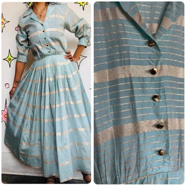 Vintage 1950s Blue & Gold Striped Fit and Flare Dress Handmade 50s Party Dress S 