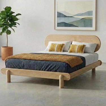 Solid Wood Platform Bed Frame with Rounded Headboard - Mid Century Modern Bed - Japandi Bedroom Furniture - Cumulus Cherry and Maple 