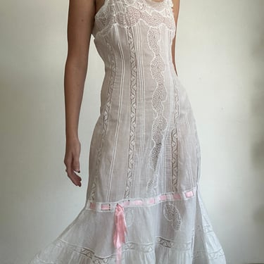 White Cotton Victorian Dress with Pink Ribbon