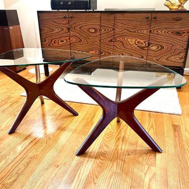 Adrian Pearsall Jax Walnut Guitar Pick Side Tables Pair Mid Century Modern - Free Shipping 