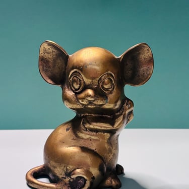 Vintage Brass Mouse Figurine | Whimsical Brass Mouse Sculpture | Mid Century Decor | Hollywood Regency | Shelf Decor | Paperweight 