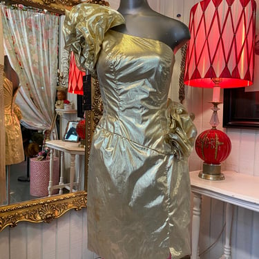 1980s gold lame' one shoulder cocktail dress 80s fashion mike benet s 25 nye 