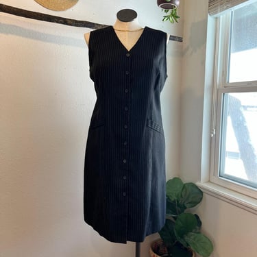 Vintage 90s Croft & Barrow Black Pinstripe Sleeveless Overall Dress Size 16 