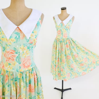 1980s Robbie Bee Green Floral Print Day Dress | Vintage Green Print Sleeveless Dress, Medium 