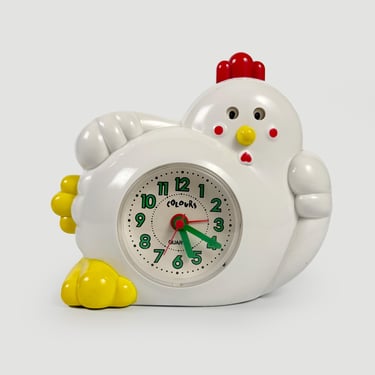 Vintage 1990s Talking Rooster Alarm Clock – COLORS German Speaking Chicken Clock with Changing Eyes, Retro Novelty Clock 